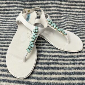 Oka-B Bri T-Strap‎ White Flip Flop Sandal Womens w/ Turquoise Stones sz 8